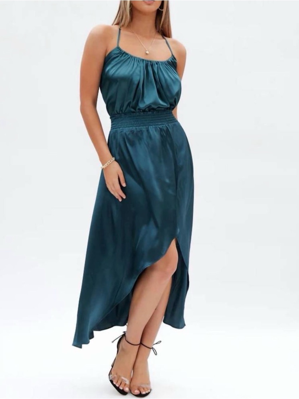 2pc Set Anthropologie bishop + young Teal Satin High-Low Skirt With Cami Top -XS